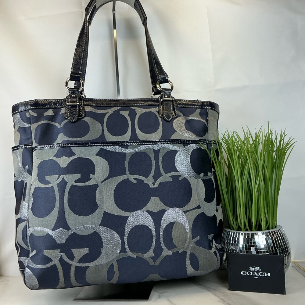 Coach Y2K Optic Art Signature Navy Blue‎ Silver Metallic Tote Shoulder Bag - Picture 5 of 15